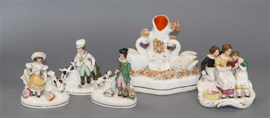 Three Staffordshire porcelain toy groups and two other groups, c.1830-50, H. 10cm - 12cm (5)